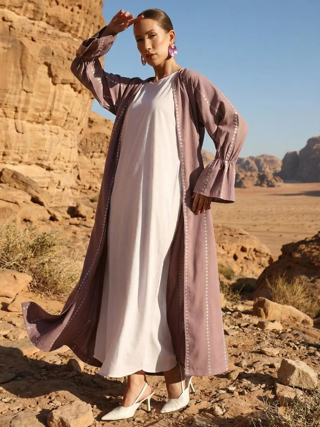 آي شين ISHIN Pink Crinkled Cotton Relaxed Abaya with Hijab